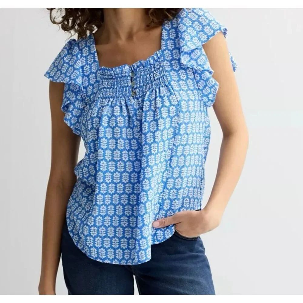 Draper James blue printed smocked ruffle sleeve top size XL